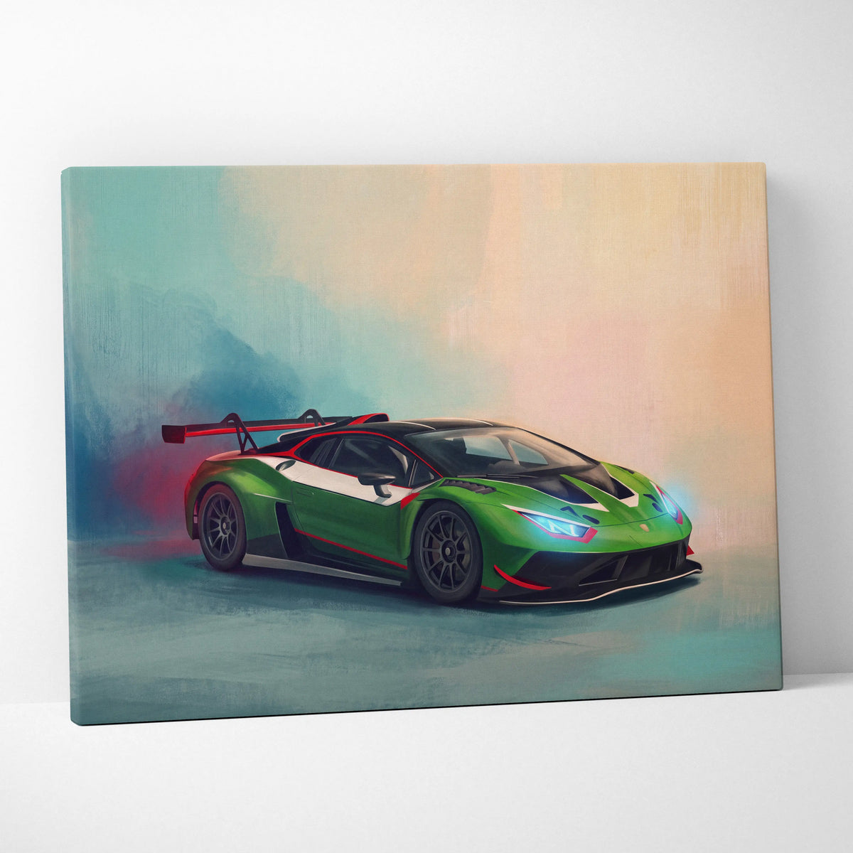 Lamborghini Huracán STO GT3 inspired canvas print featuring vibrant green black and red race car wall art