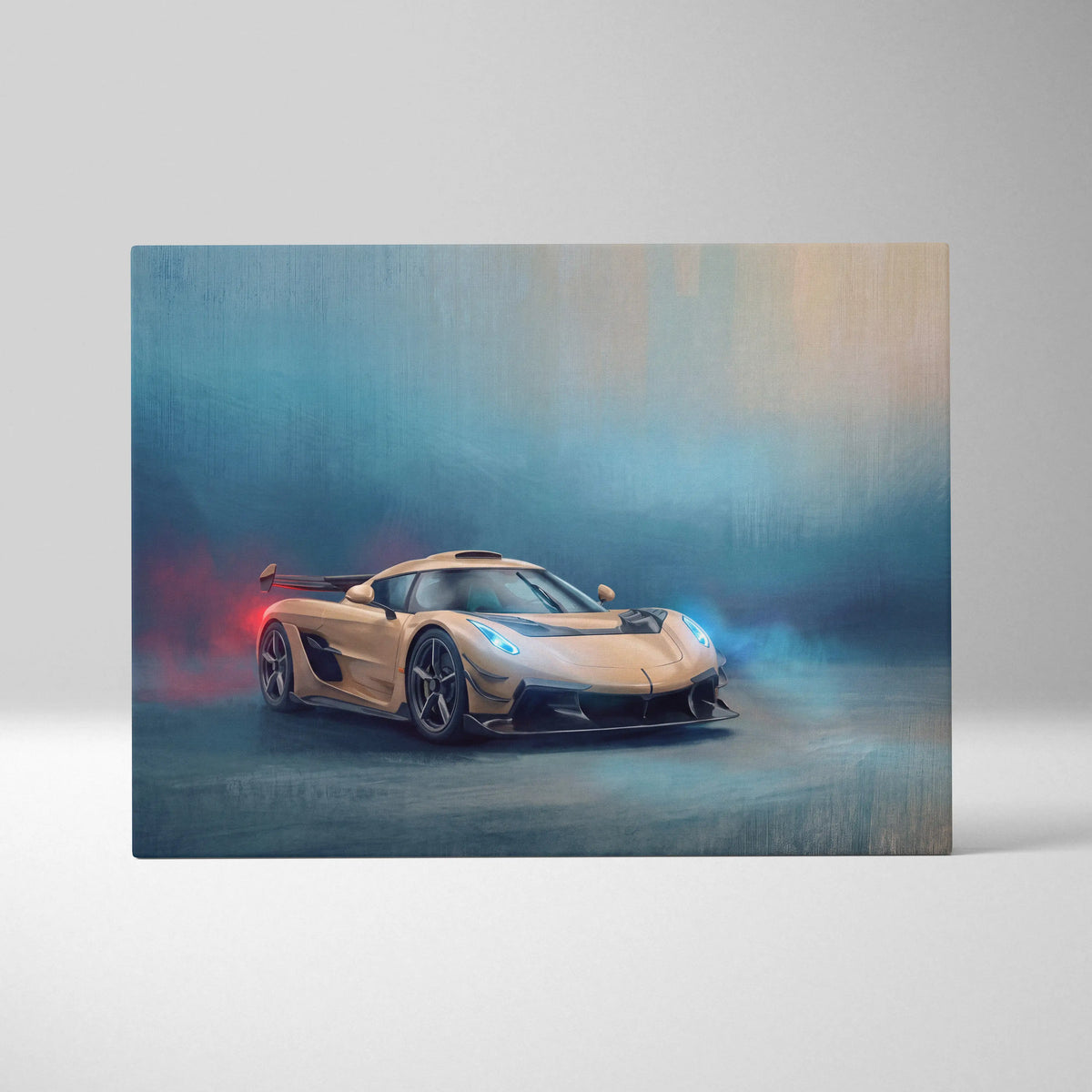 A sleek gold koenigsegg jesko inspired hypercar with glowing blue headlights and red exhaust flames on canvas art print