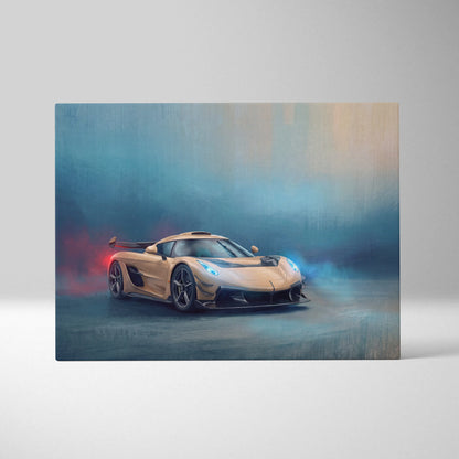 A sleek gold koenigsegg jesko inspired hypercar with glowing blue headlights and red exhaust flames on canvas art print