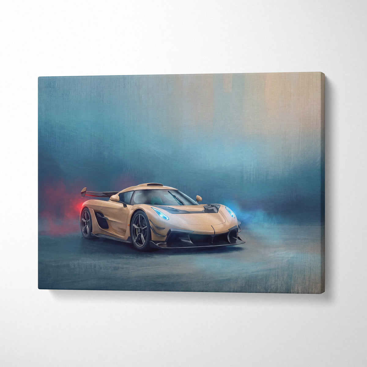 A sleek gold koenigsegg jesko inspired supercar canvas art print with dynamic smoky rendering on wall art