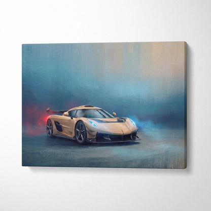 A sleek gold koenigsegg jesko inspired supercar canvas art print with dynamic smoky rendering on wall art
