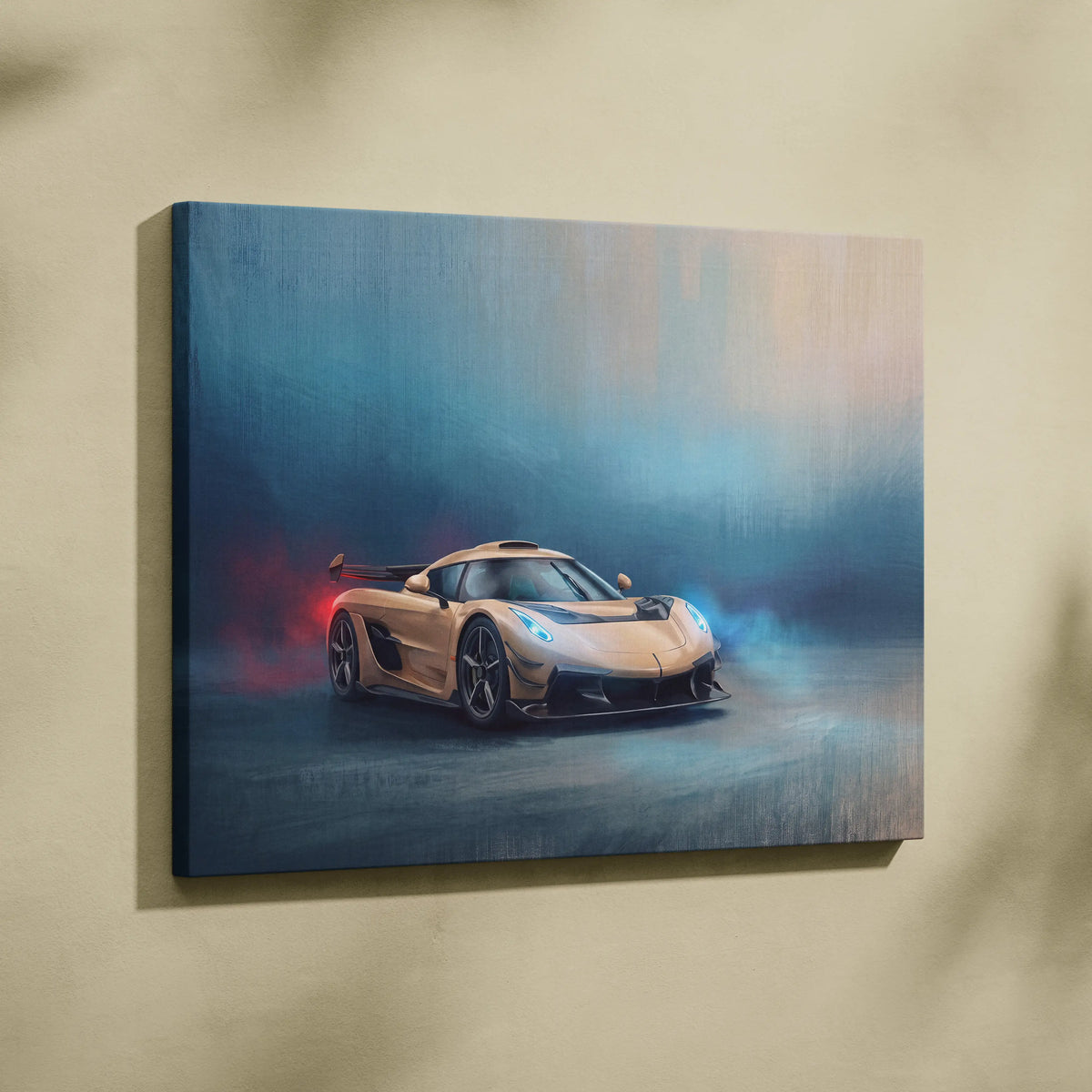 Koenigsegg jesko inspired supercar canvas art print featuring a gold hypercar with blue headlights and red exhaust flames