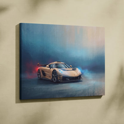 Koenigsegg jesko inspired supercar canvas art print featuring a gold hypercar with blue headlights and red exhaust flames