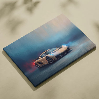 Beige koenigsegg jesko inspired sports car canvas art featuring high-performance supercar drifting with smoke effects
