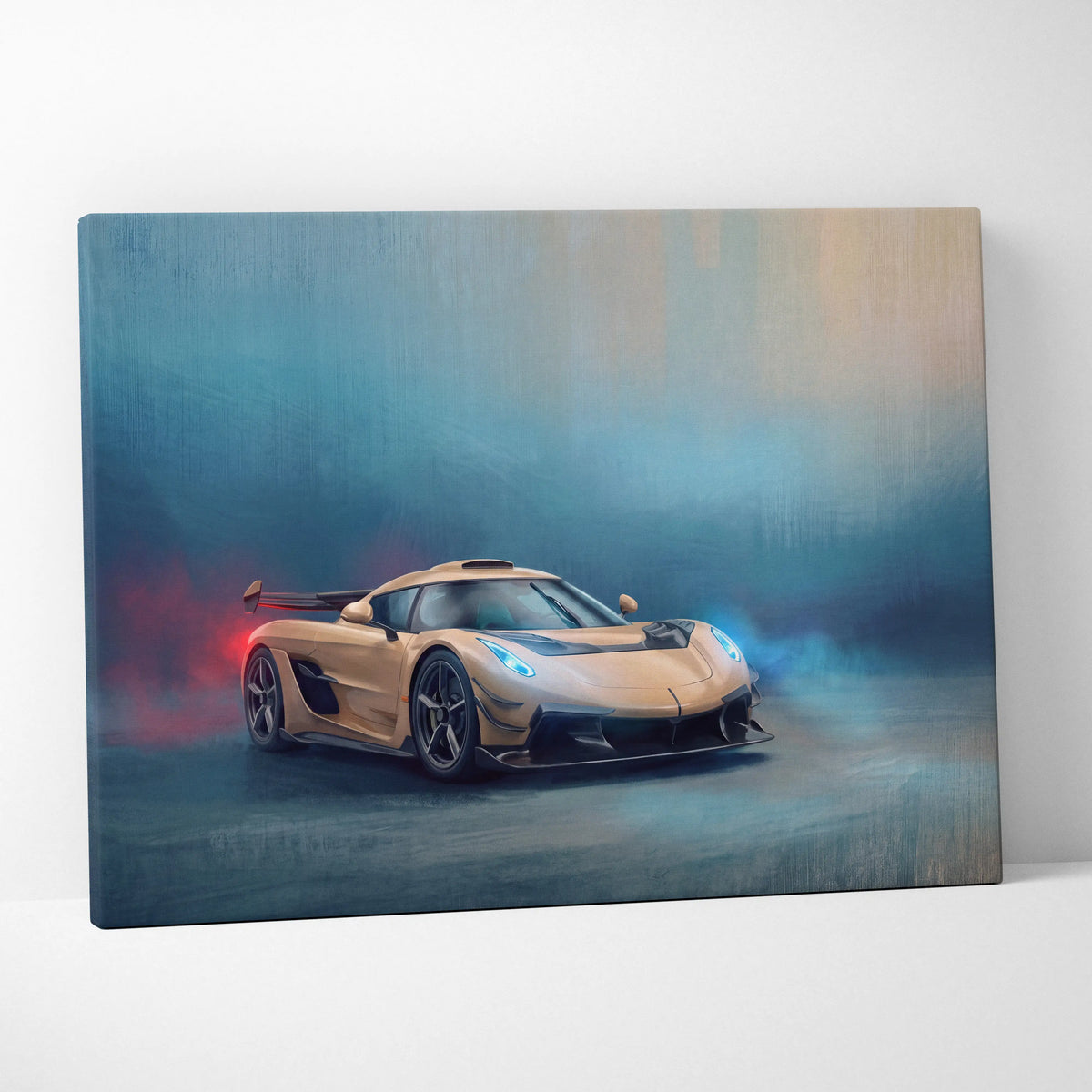 A sleek gold koenigsegg jesko inspired hypercar canvas art print with dynamic smoky artistic rendering