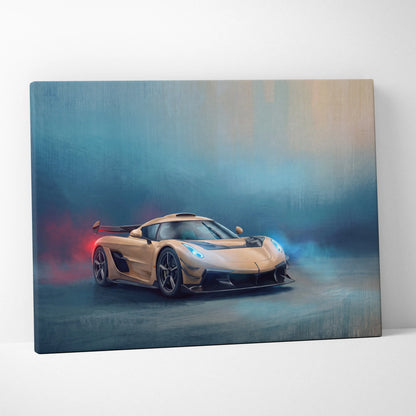 A sleek gold koenigsegg jesko inspired hypercar canvas art print with dynamic smoky artistic rendering