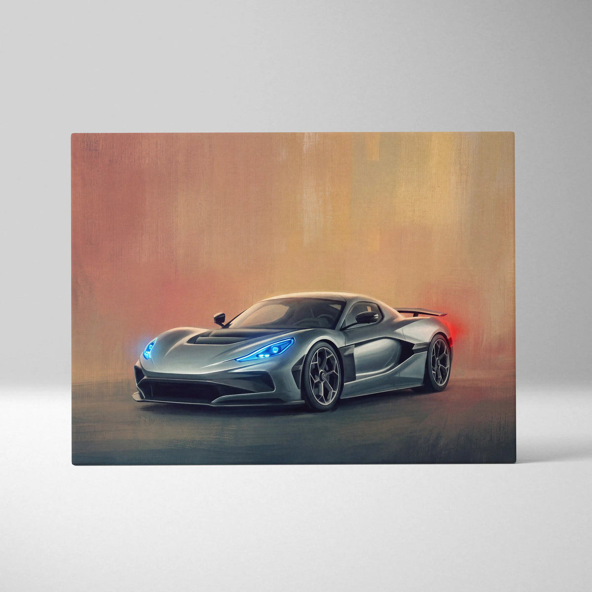 Silver rimac nevera inspired canvas art with glowing blue headlights and sleek aerodynamic sports car design