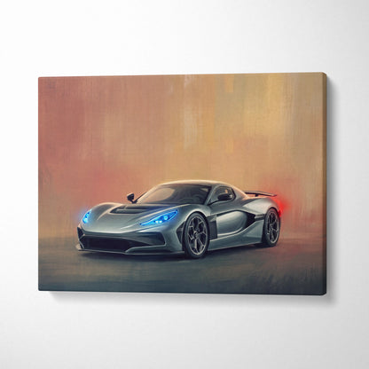 Silver futuristic sports car with glowing blue headlights on canvas rimac nevera inspired premium wall decor