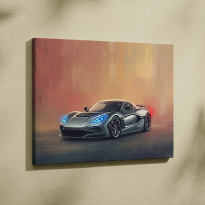 Silver futuristic sports car painting with glowing blue headlights on canvas wall art rimac nevera inspired decor