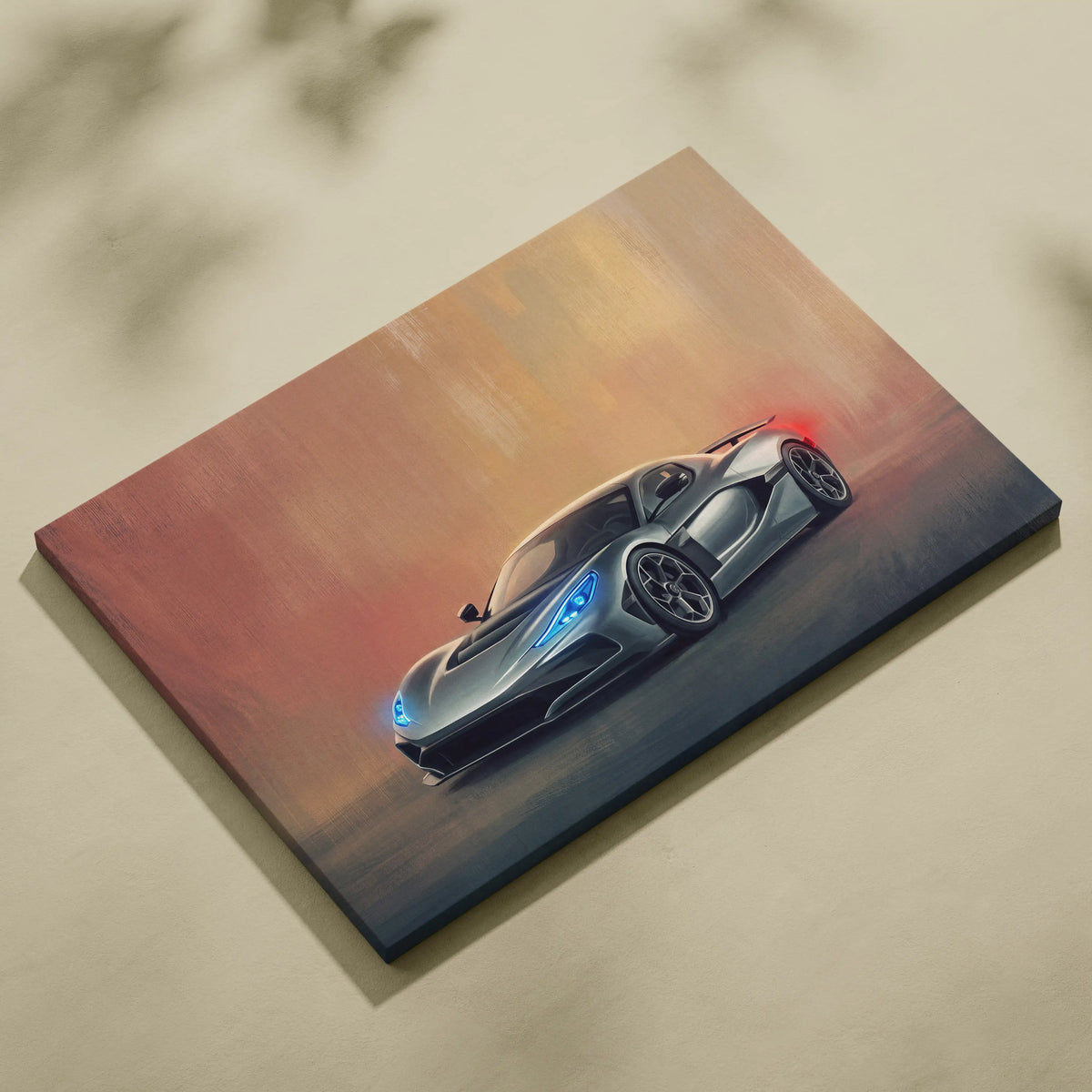 Silver mclaren sports car canvas print with glowing blue headlights and red taillights at sunset rimac nevera inspired