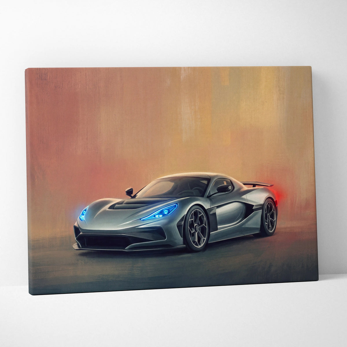 Silver futuristic sports car with glowing blue headlights on canvas rimac nevera inspired premium wall decor