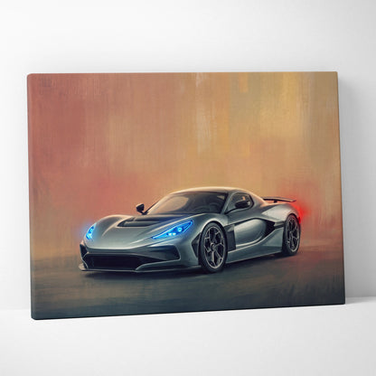 Silver futuristic sports car with glowing blue headlights on canvas rimac nevera inspired premium wall decor