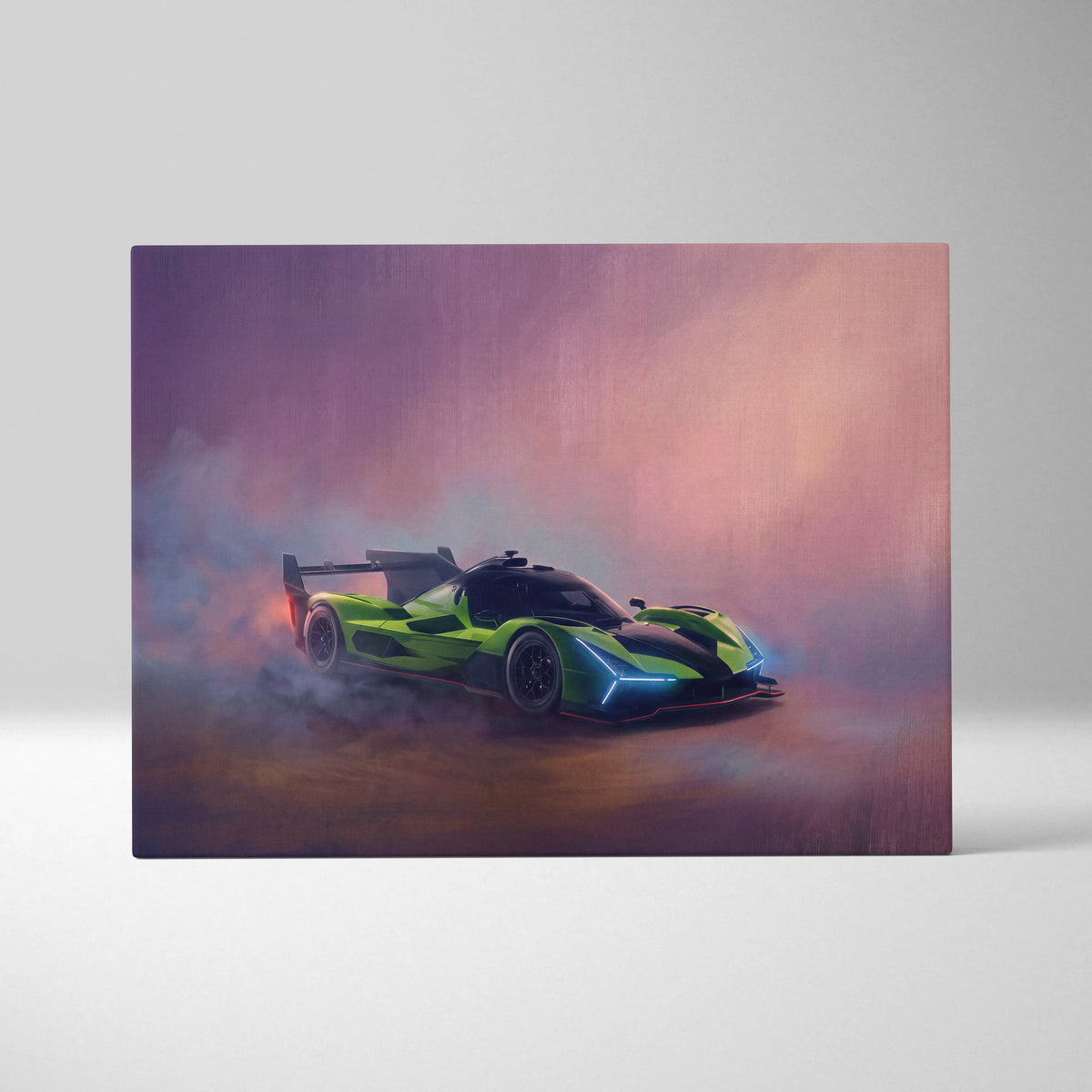 Lamborghini sc63 inspired car wall art with vibrant lime green and black racing car and glowing blue accents on canvas