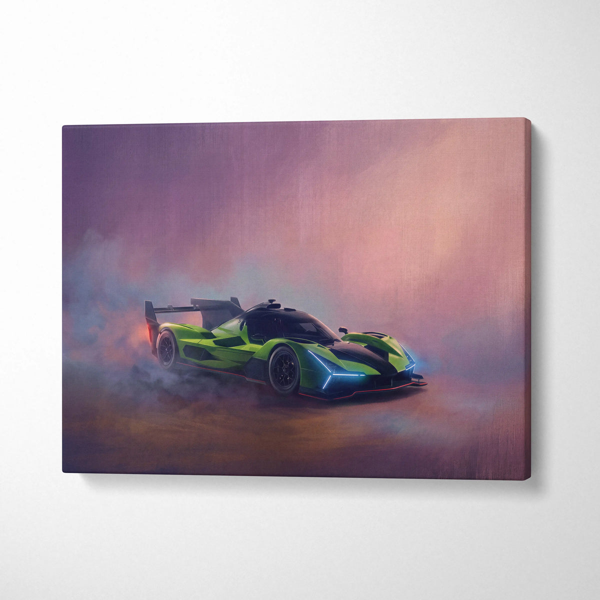 Vibrant lime green and black Lamborghini SC63 inspired racing car wall art on canvas track edition painting print