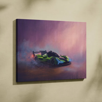 Lamborghini SC63 inspired car wall art featuring vibrant lime green and black racing car on a stretched canvas painting print
