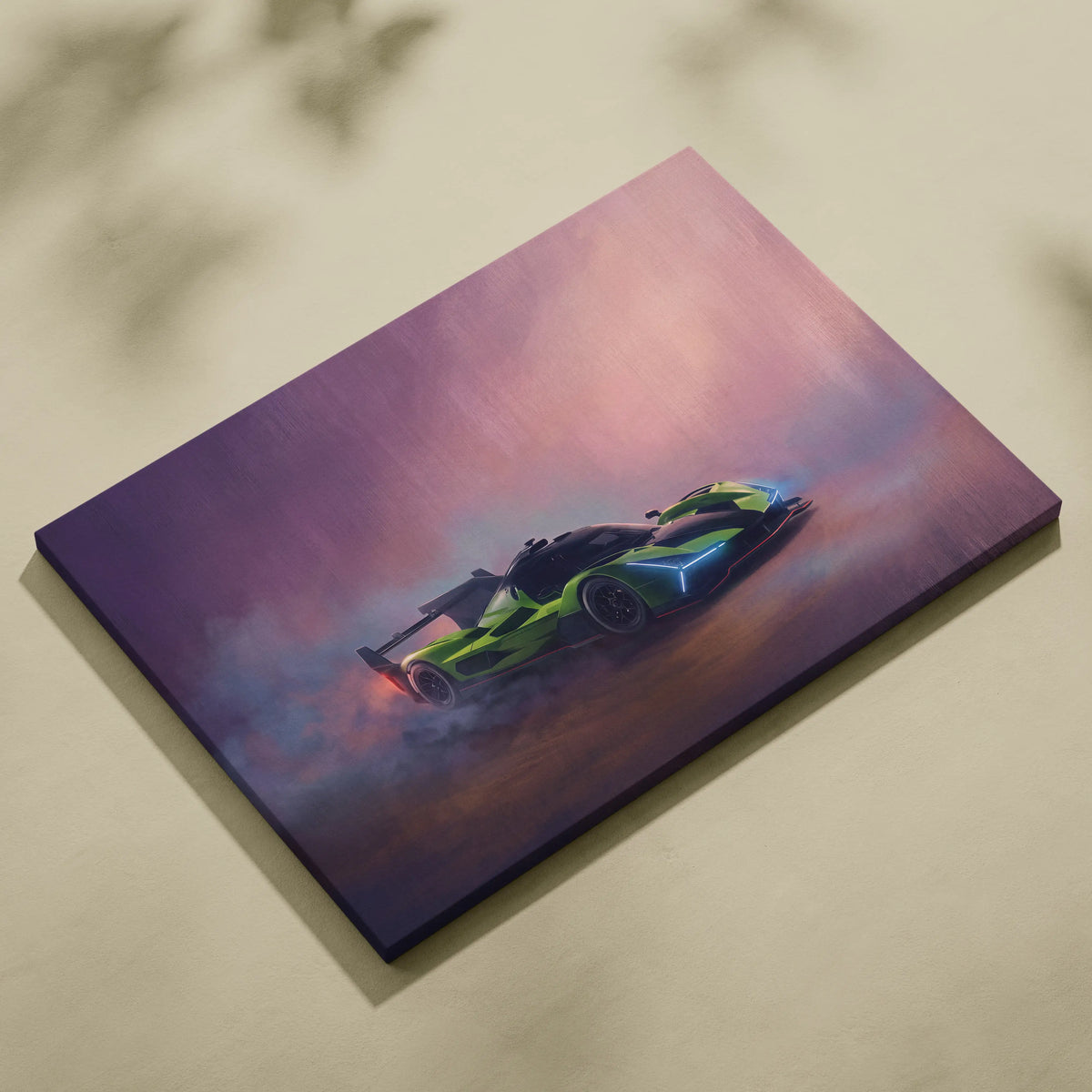 Lamborghini SC63 inspired racing car wall art featuring vibrant lime green and blue on a stretched canvas with purple sky