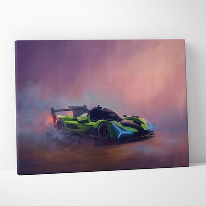 Lamborghini SC63 inspired car wall art canvas print featuring vibrant lime green black racing car with glowing blue accents
