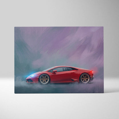Lamborghini huracán inspired supercar canvas art featuring vibrant red sports car in dynamic smoky design print
