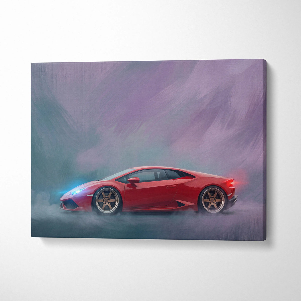 Red Lamborghini Huracán inspired supercar canvas art featuring glowing headlights and taillights on smoky background