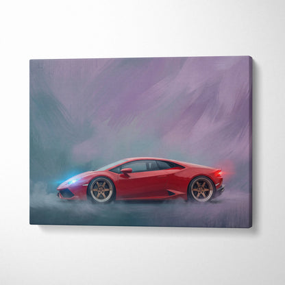 Red Lamborghini Huracán inspired supercar canvas art featuring glowing headlights and taillights on smoky background
