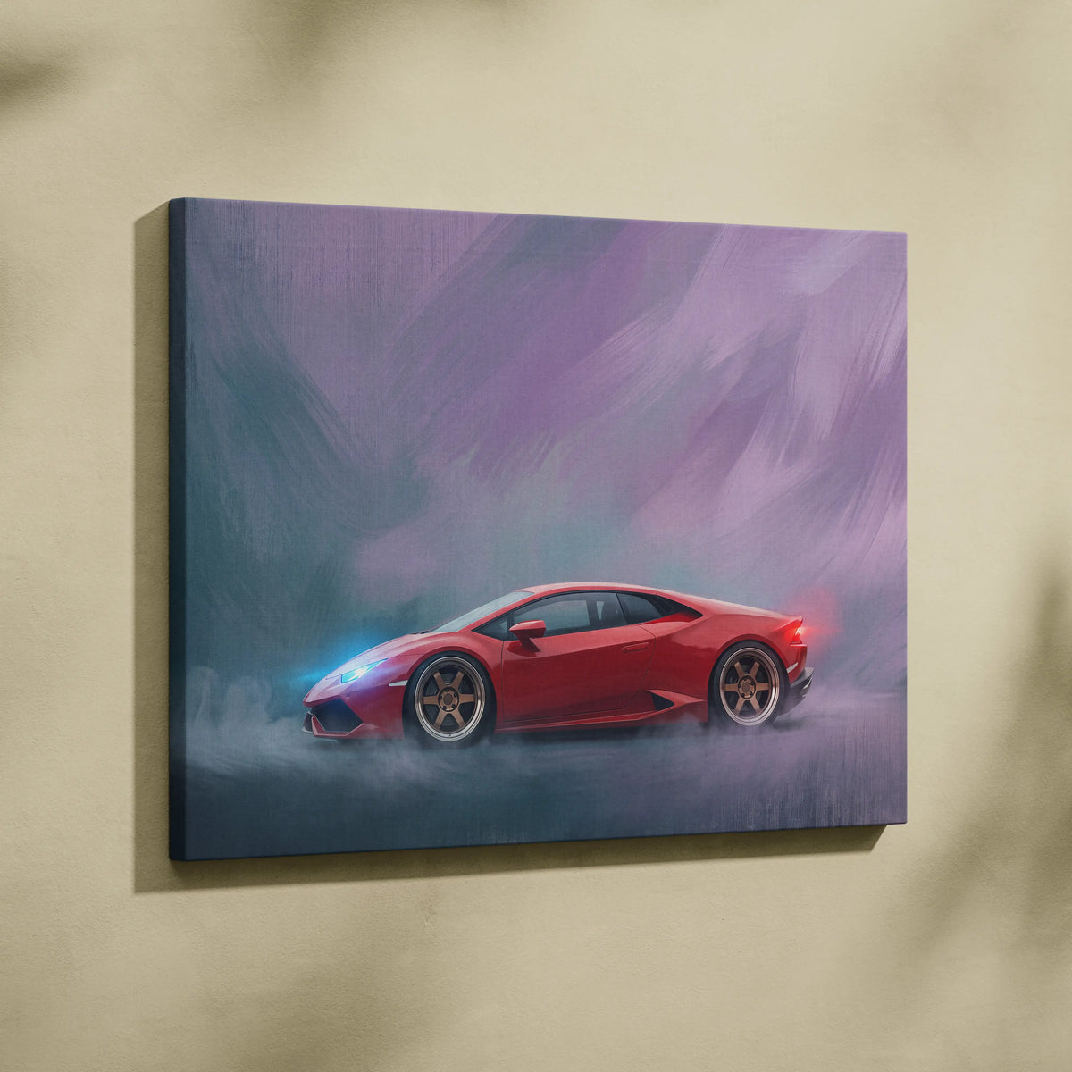 Red lamborghini huracán canvas print featuring a dynamic stylized sports car against smoky purple and gray backdrop