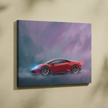 Red lamborghini huracán canvas print featuring a dynamic stylized sports car against smoky purple and gray backdrop