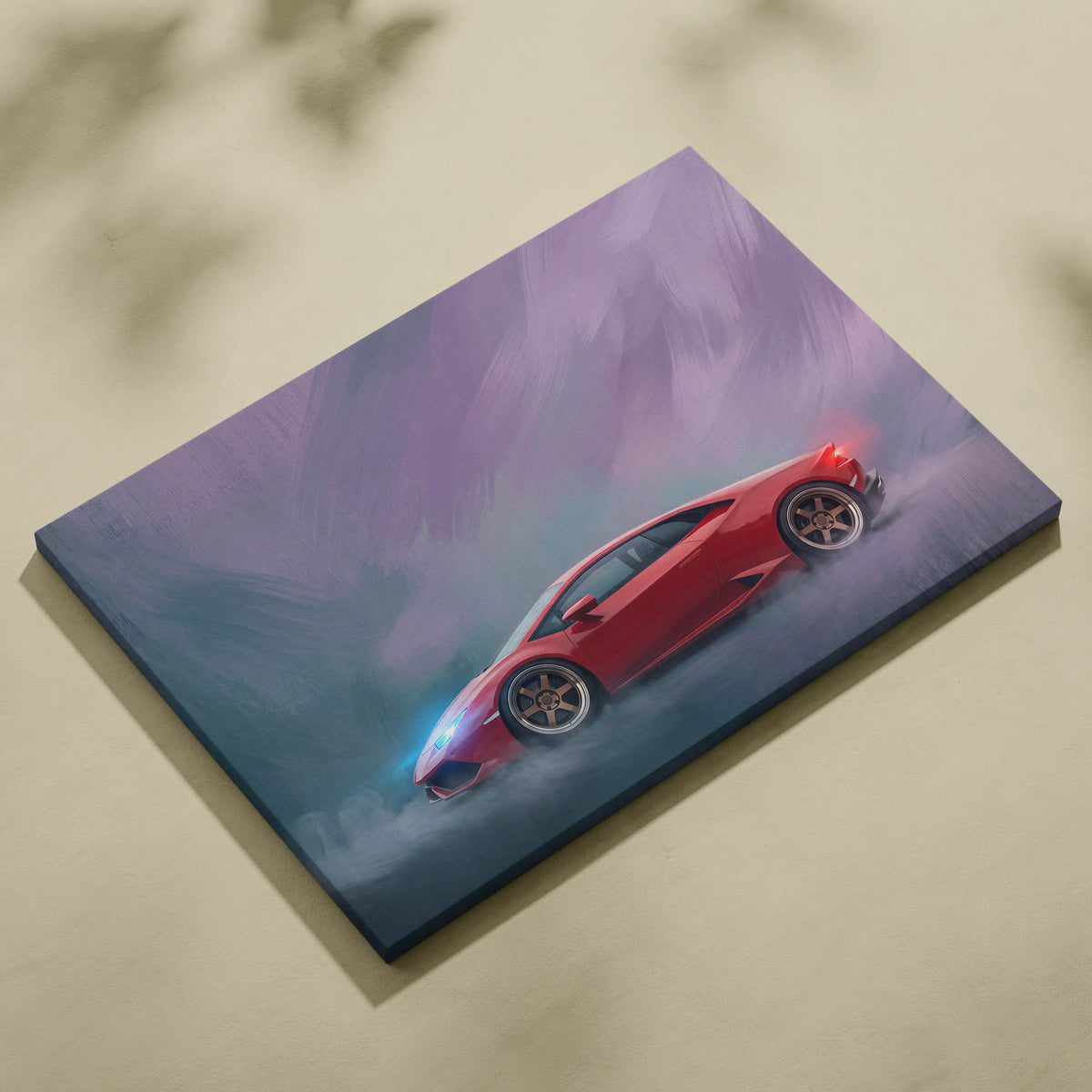 Red lamborghini huracán inspired supercar canvas art print with glowing blue and red light effects on purple gray background
