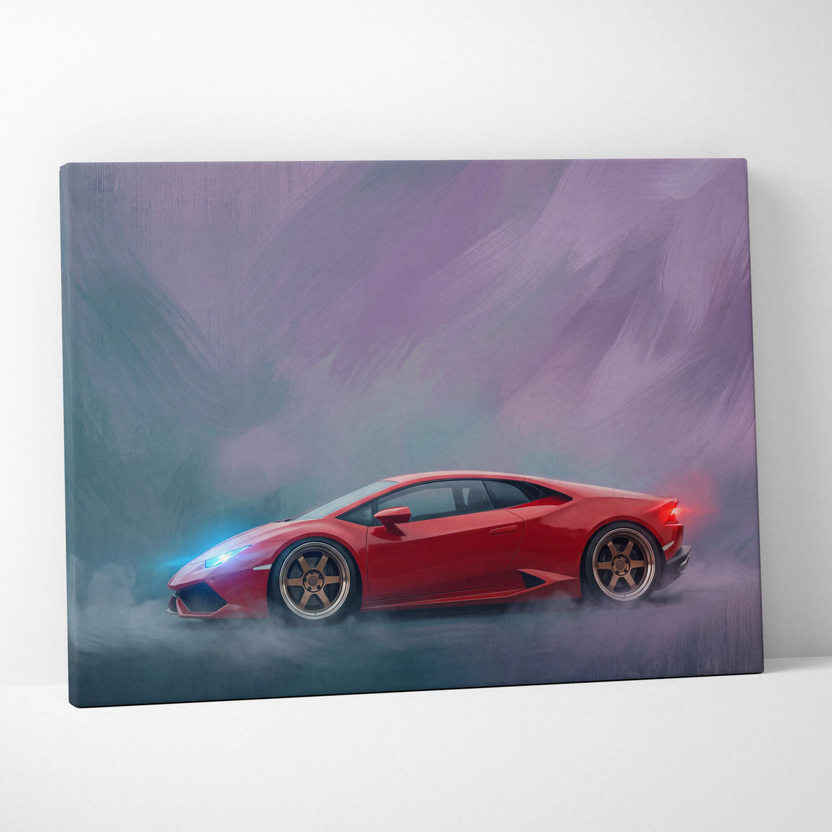 Vibrant red lamborghini huracán canvas art print with glowing blue and red accents on smoky purple teal backdrop