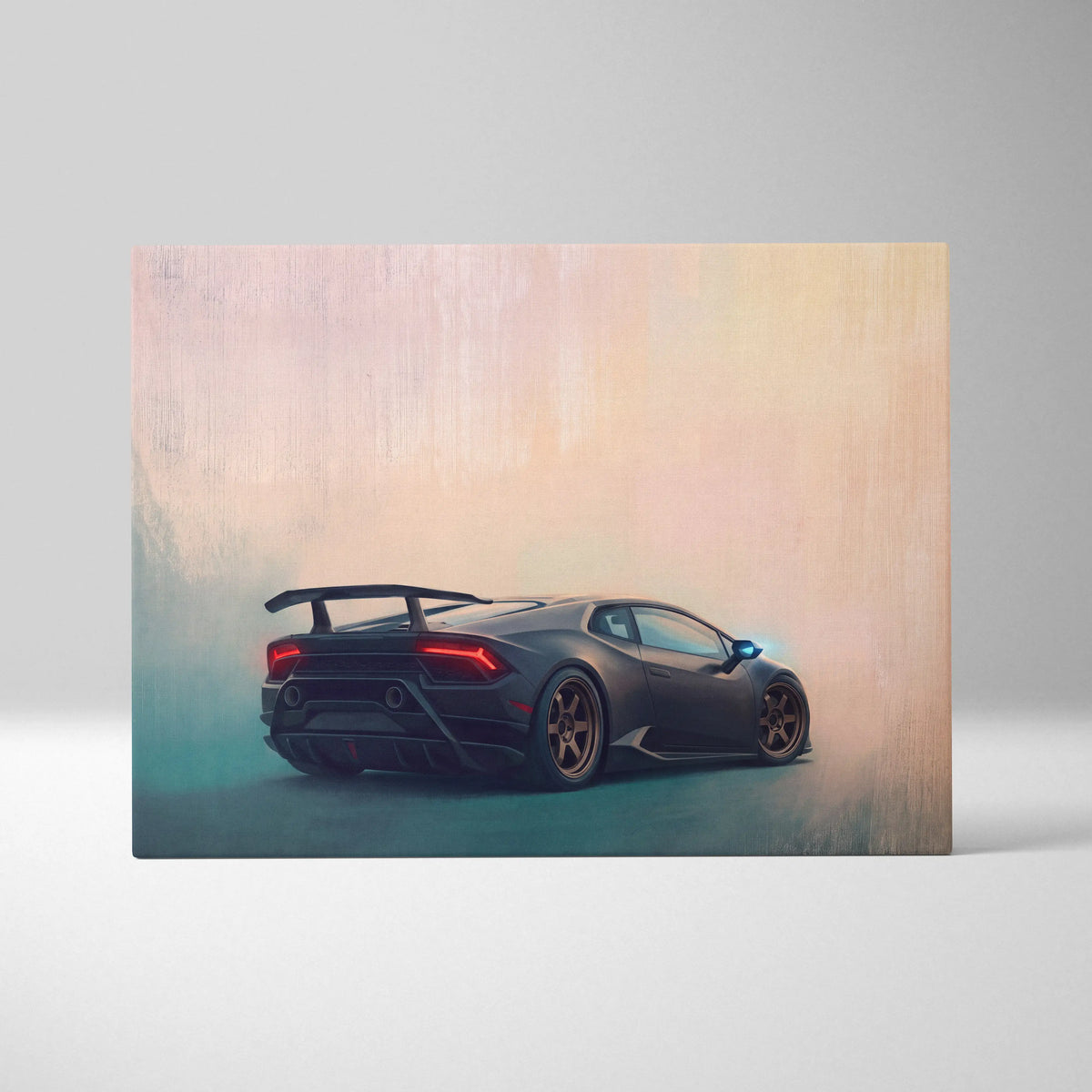 Black Lamborghini Huracán inspired automotive wall art featuring a sleek sports car with glowing red taillights on canvas