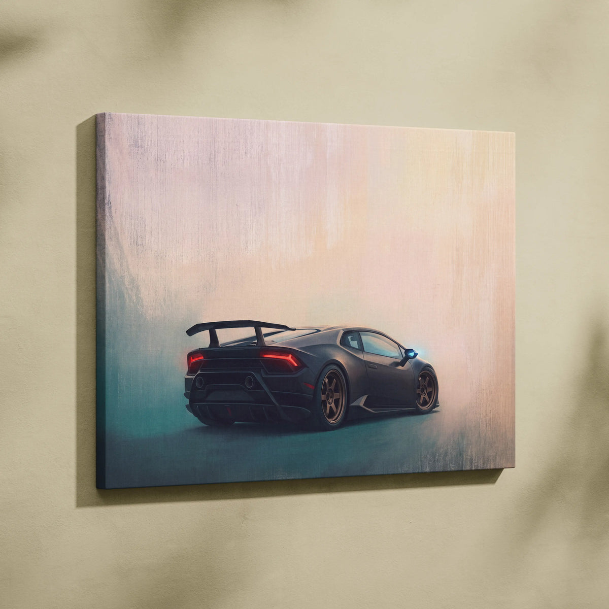Black lamborghini huracán canvas print featuring glowing red taillights and sleek aerodynamic design for wall art