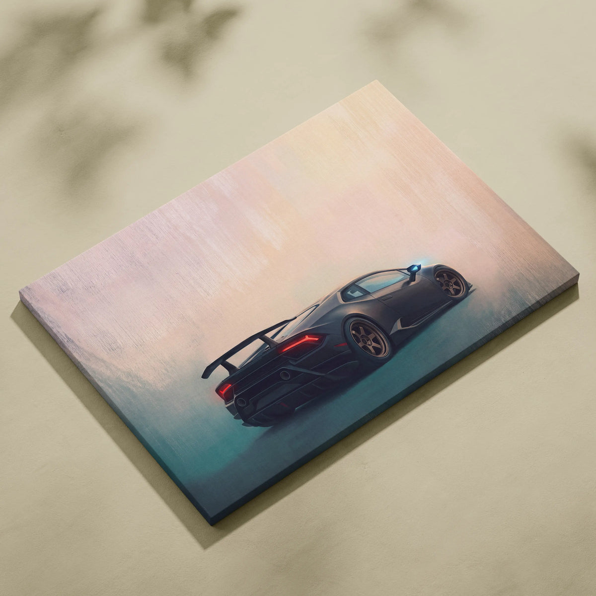 Black lamborghini huracán inspired automotive wall art featuring sleek sports car with glowing red taillights on canvas print
