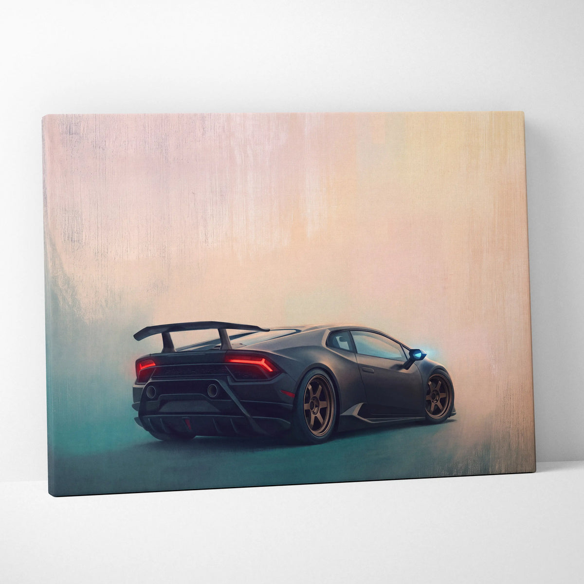 Black Lamborghini Huracán luxury supercar canvas print with glowing red taillights and bronze wheels wall art