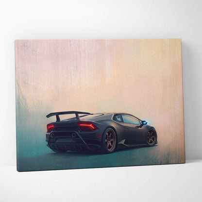 Black Lamborghini Huracán luxury supercar canvas print with glowing red taillights and bronze wheels wall art