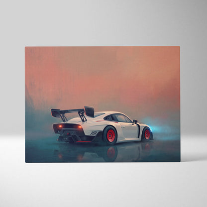 White Porsche 935 inspired canvas art featuring a sports car with red wheels and a black rear spoiler for wall decor