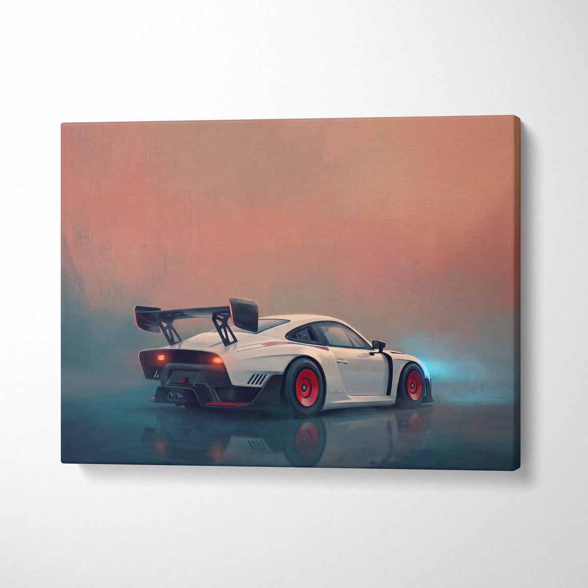 Porsche 935 inspired canvas art featuring a white sports car with red rims and black rear spoiler for wall decor