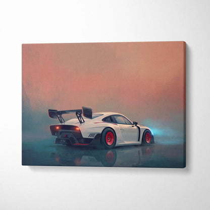 Porsche 935 inspired canvas art featuring a white sports car with red rims and black rear spoiler for wall decor