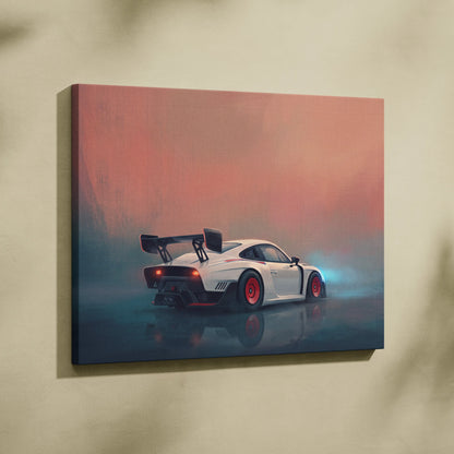 Porsche 935 inspired canvas art featuring a white sports car with red wheels and black rear spoiler for wall decor
