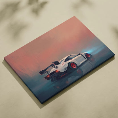 White sports car with red rims and black aerodynamic accents on porsche 935 inspired premium canvas wall art
