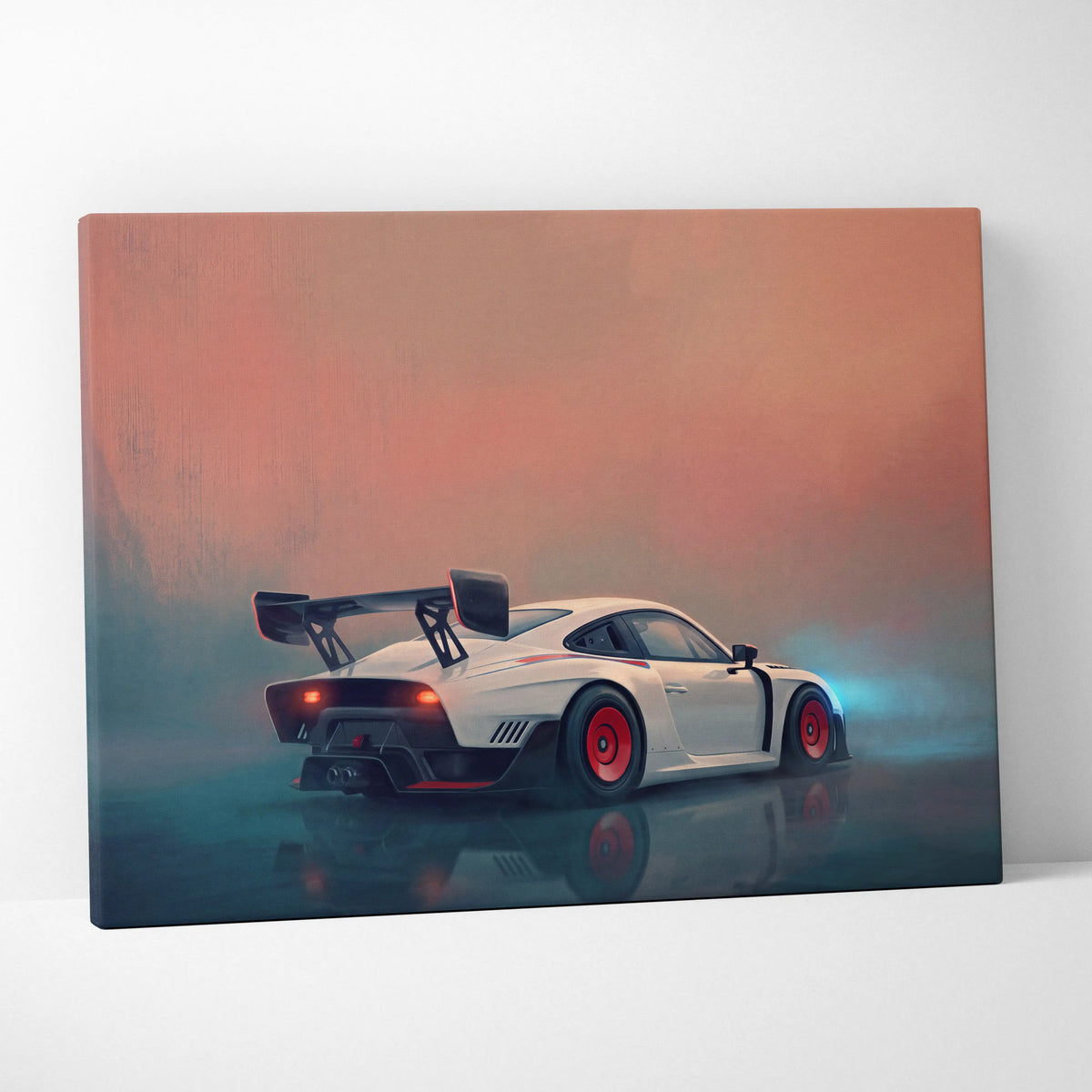 Porsche 935 inspired canvas art featuring a white sports car with red accents and black racing spoiler wall decor