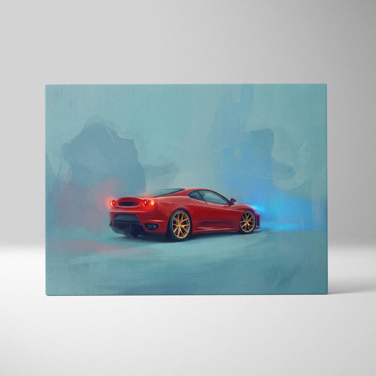 Ferrari F430 inspired car wall art featuring a vibrant red sports car with gold rims on a misty blue canvas print