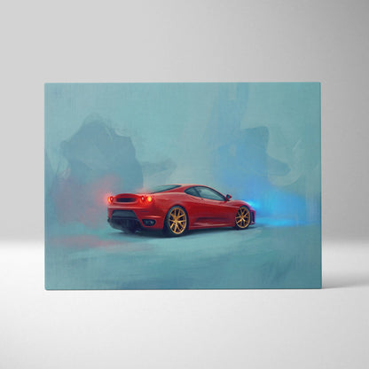 Ferrari F430 inspired car wall art featuring a vibrant red sports car with gold rims on a misty blue canvas print