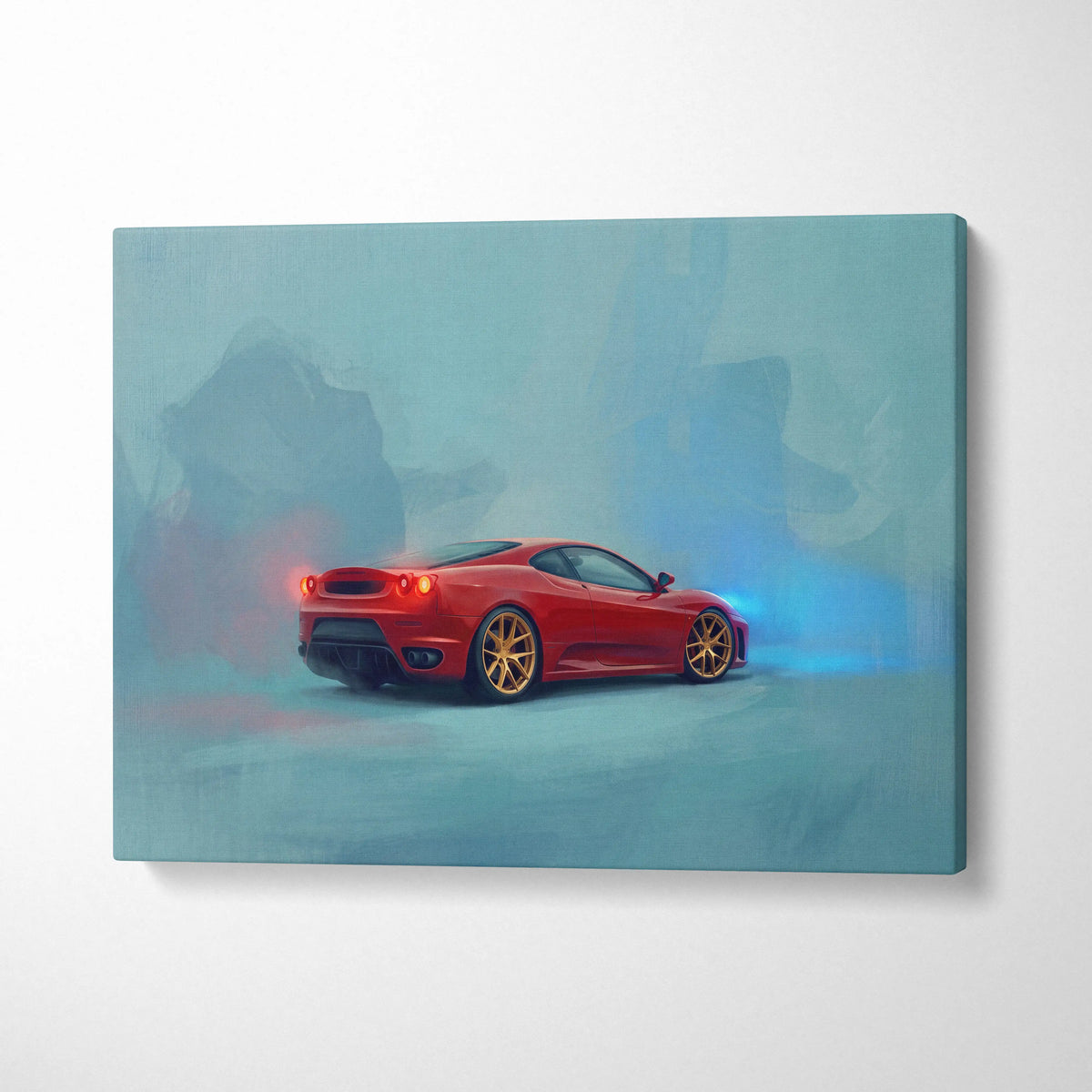 Red Ferrari sports car with gold rims stylized on canvas painting print for wall art track edition