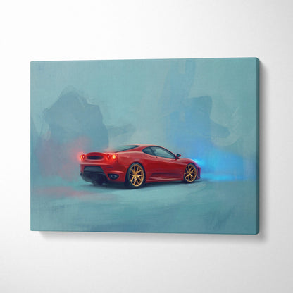 Red Ferrari sports car with gold rims stylized on canvas painting print for wall art track edition