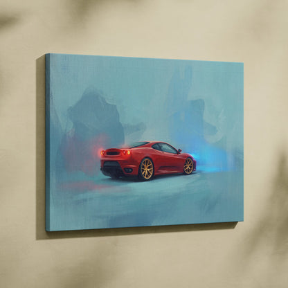 Red ferrari f430 inspired sports car wall art canvas painting print in vibrant red for track edition decor