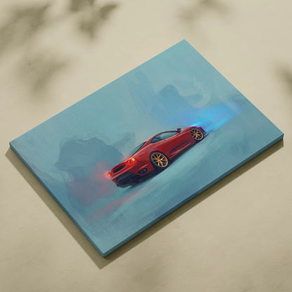 Red ferrari f430 inspired sports car wall art canvas print featuring dynamic drift pose on blue teal background