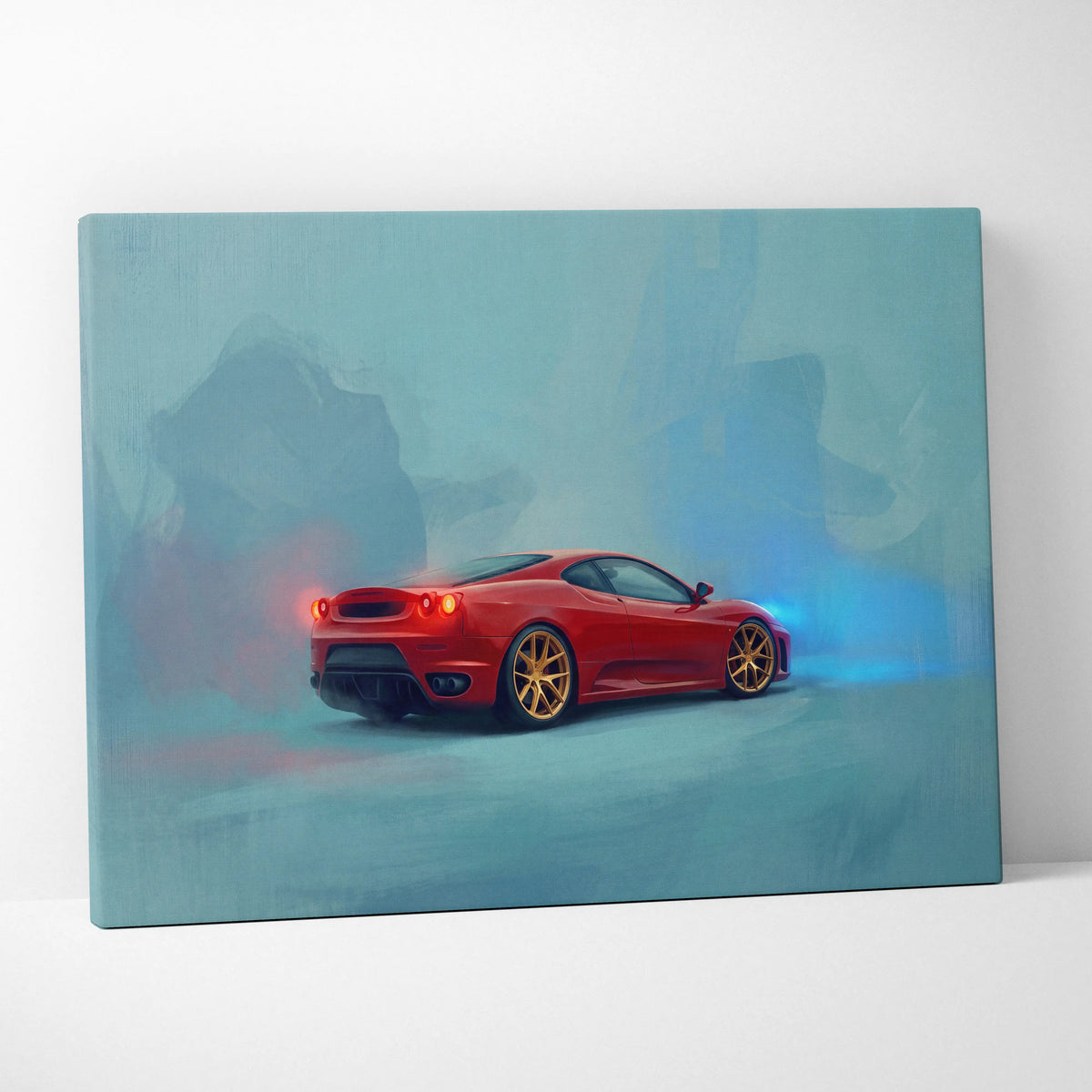 Ferrari f430 inspired car wall art featuring a vibrant red sports car with gold rims on canvas print