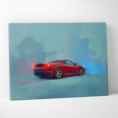 Ferrari f430 inspired car wall art featuring a vibrant red sports car with gold rims on canvas print