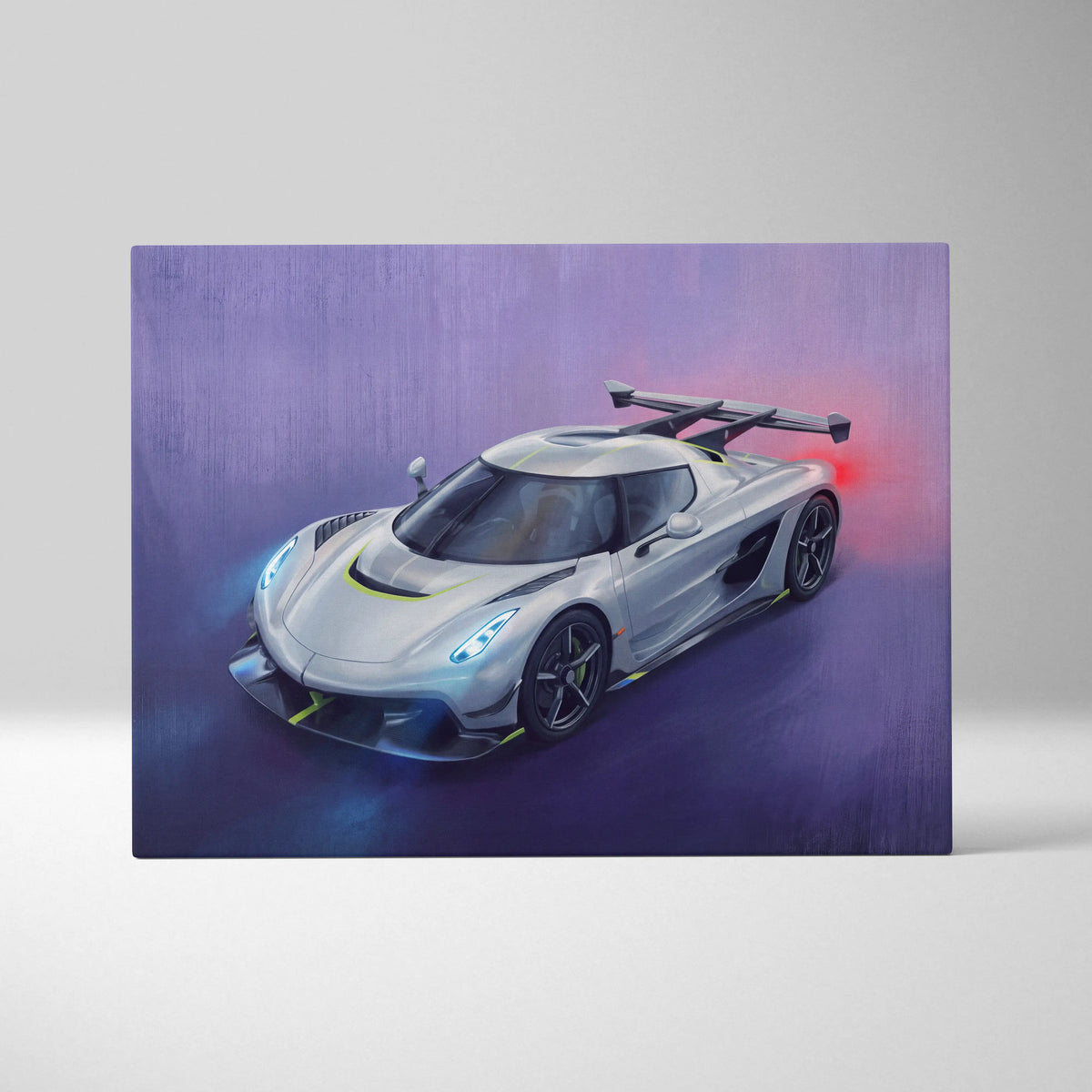 Silver koenigsegg jesko hypercar with glowing blue headlights and yellow stripes in dynamic racing pose wall art canvas print