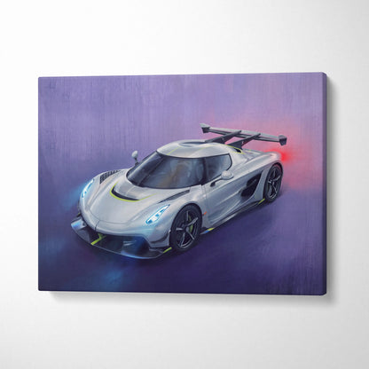 Koenigsegg Jesko inspired luxury wall art canvas print featuring a silver hypercar with glowing blue headlights and yellow stripes