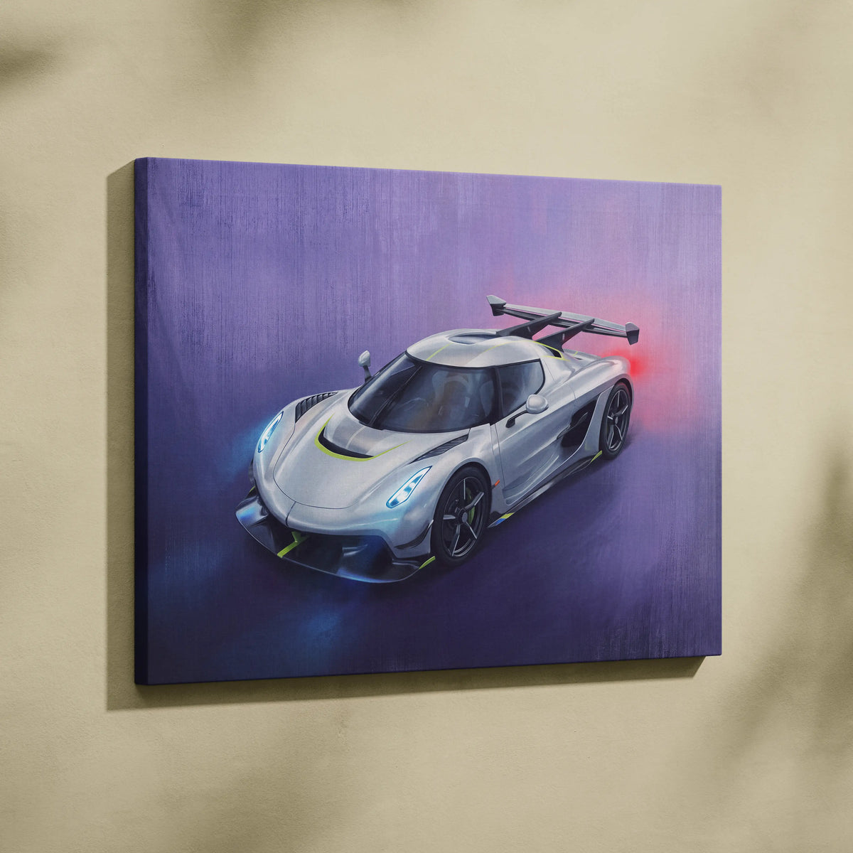 Koenigsegg Jesko inspired automotive wall art featuring a silver hypercar with glowing blue and red accents on purple canvas